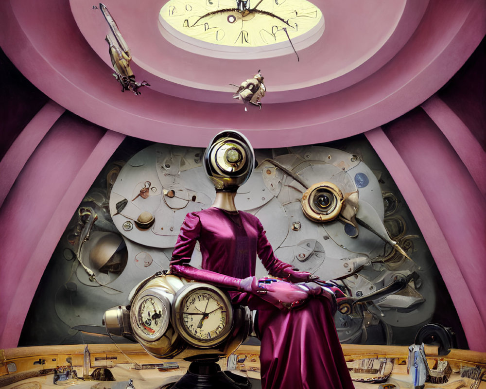 Humanoid Figure with Clock Head in Purple Dress Surrounded by Mechanical Parts and Timepieces