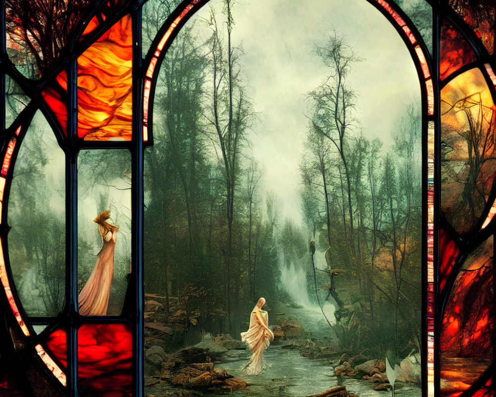 Stained glass window frame with mystical forest scene and figures