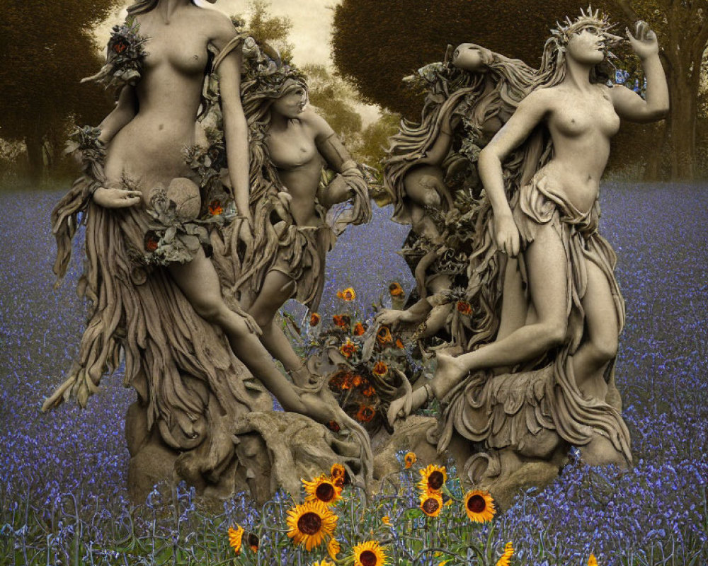 Surreal image: Nude statues, sunflowers, blue flowers, forest.