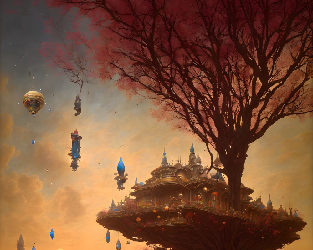 Fantastical scene: large tree, ornate building, floating islands, hot air balloons, wing