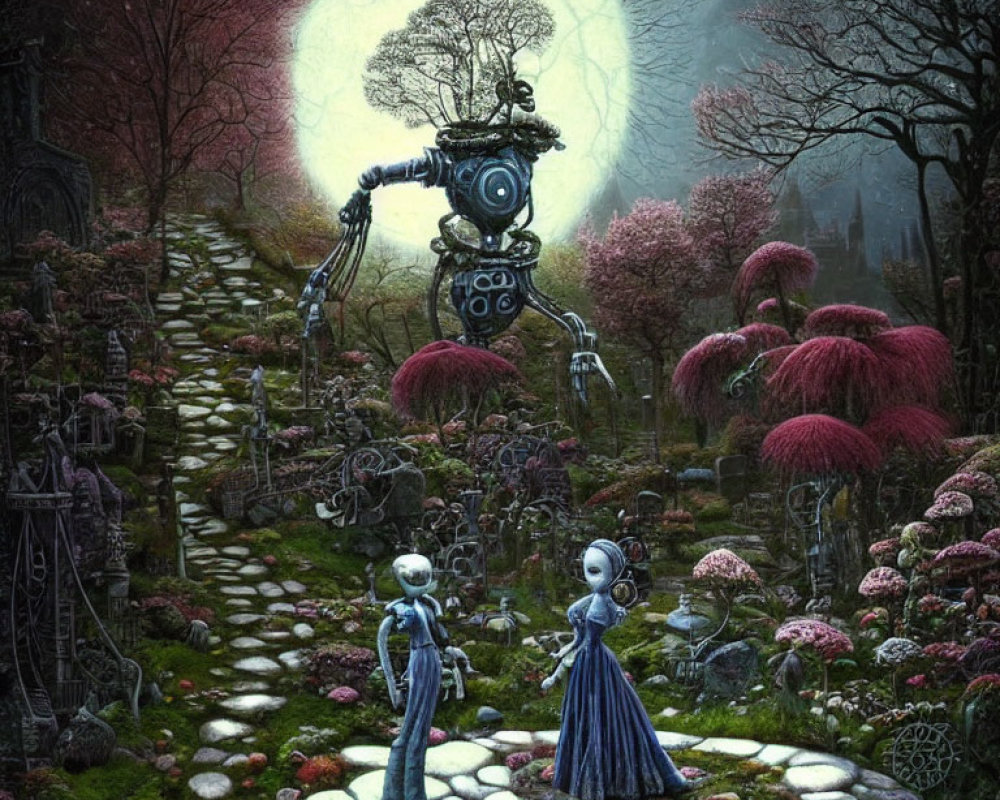 Fantasy twilight landscape with robotic tree, vintage characters, lush vegetation