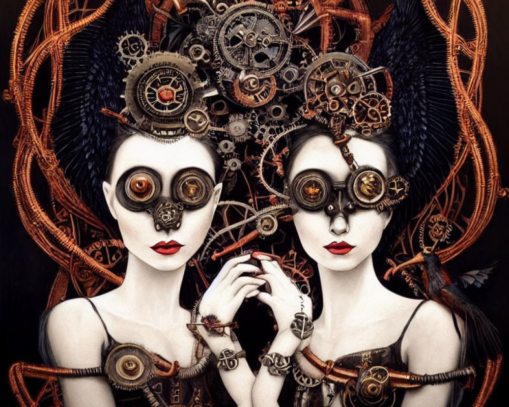 Pale-faced figures in steampunk headgear against gear backdrop