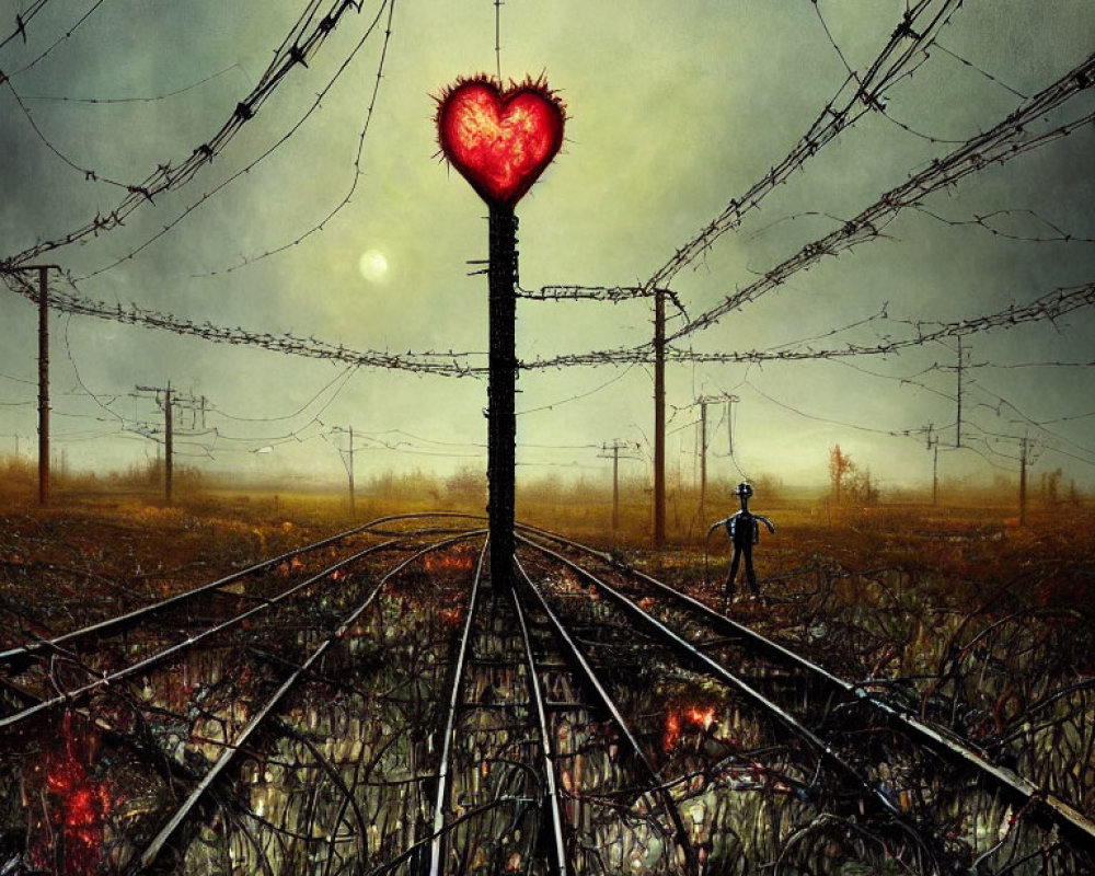 Stylized image of person at railway junction with heart-shaped light in moody landscape