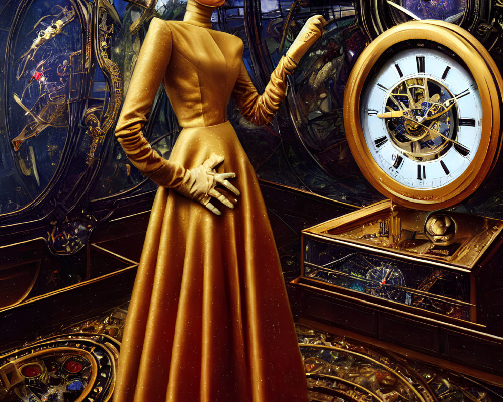 Stylized female figure in gold dress with clock gears backdrop and pocket watch