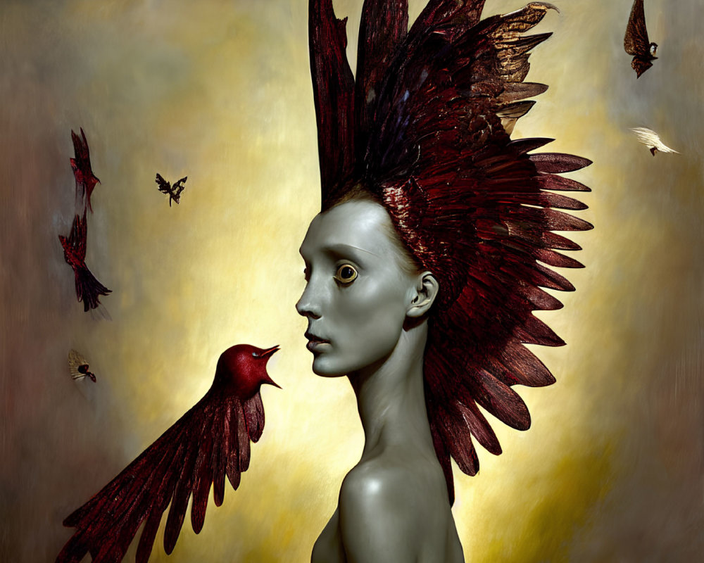 Surreal portrait with figure in red headdress and birds on warm background