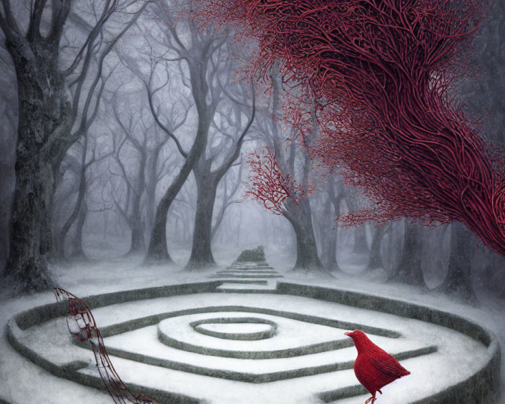 Snowy Landscape with Circular Labyrinth, Twisting Trees, Red Leaves, and Vibrant Bird