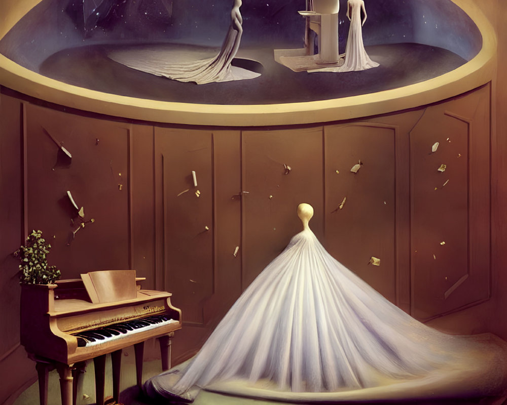 Surreal scene with floating gown, celestial figures, and scattered music sheets.