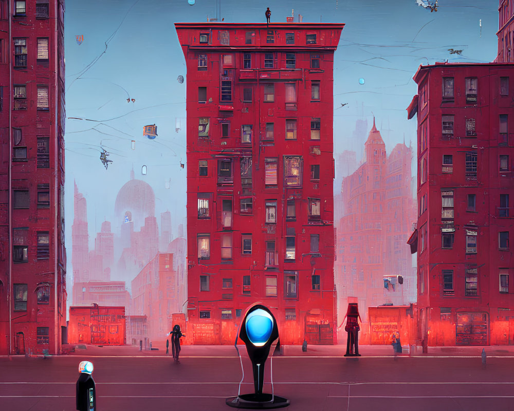 Futuristic red-hued cityscape with flying vehicles and towering buildings