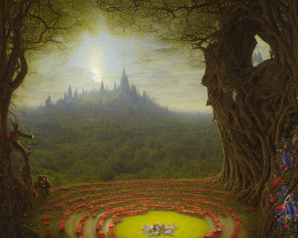 Fantasy landscape with red-petaled flower pattern, ancient trees, and distant castle under hazy