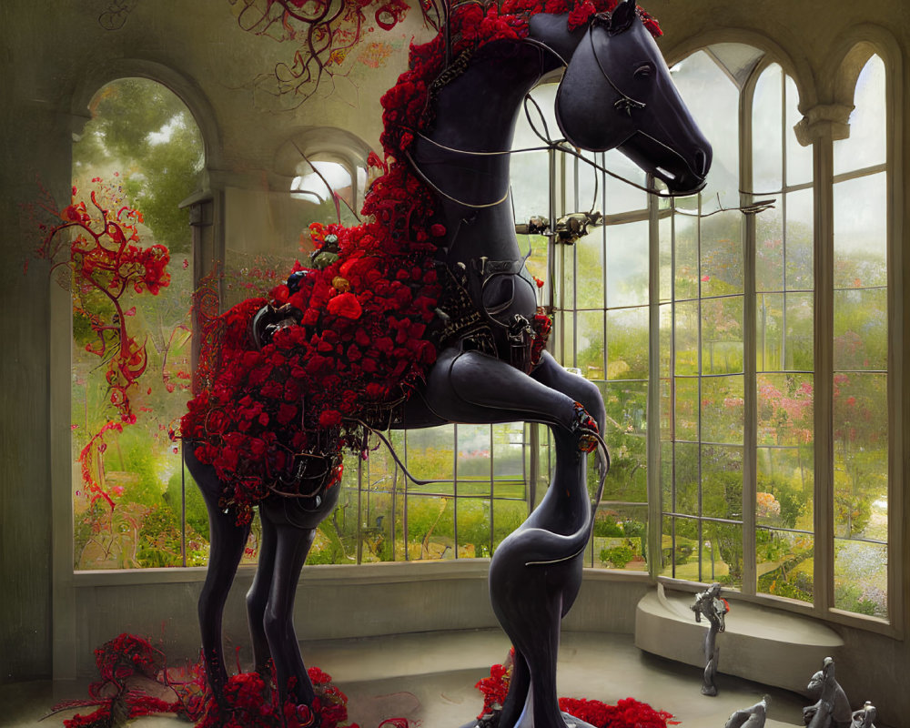 Black horse sculpture with red flowers in classical room