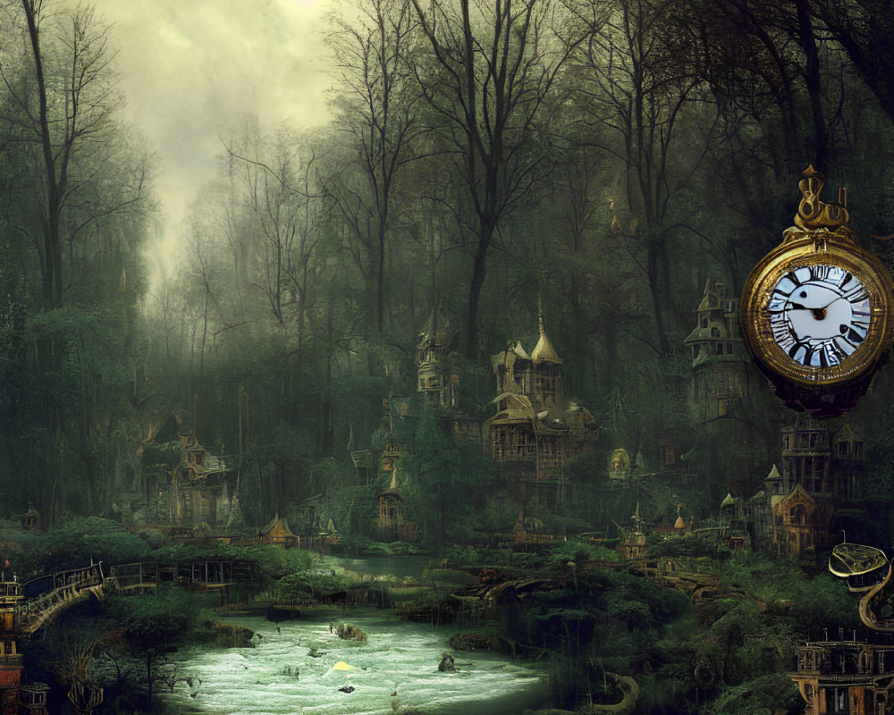 Mystical forest scene with floating clock, treehouses, swans, and ethereal ambiance