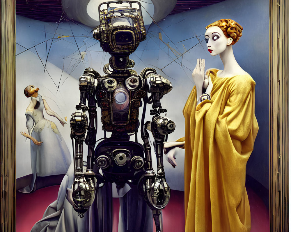 Vintage robot and mannequins in surreal display against vibrant backdrop