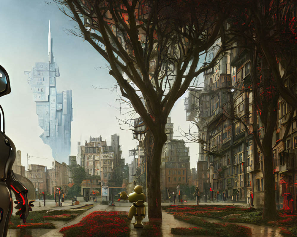 Futuristic cityscape with skyscraper, red trees, pedestrians, and golden robot