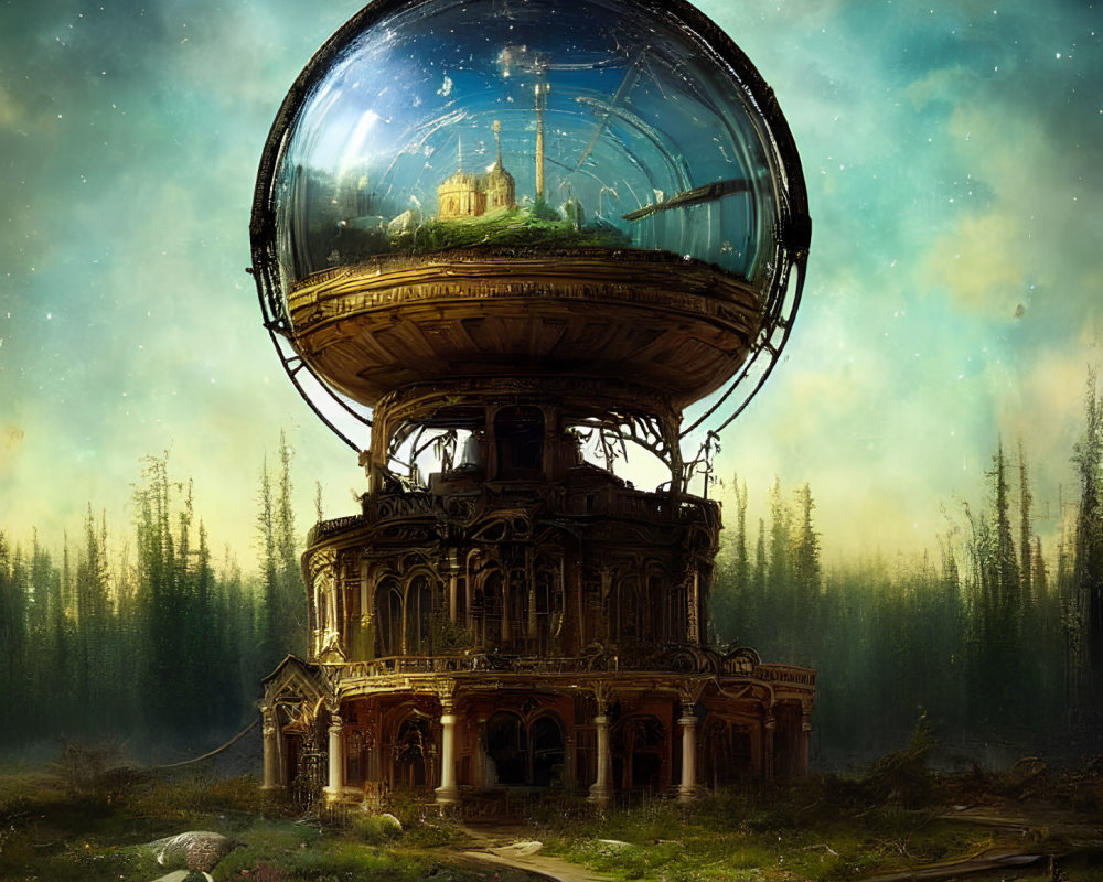 Fantasy building with glass dome & cityscape against starry backdrop