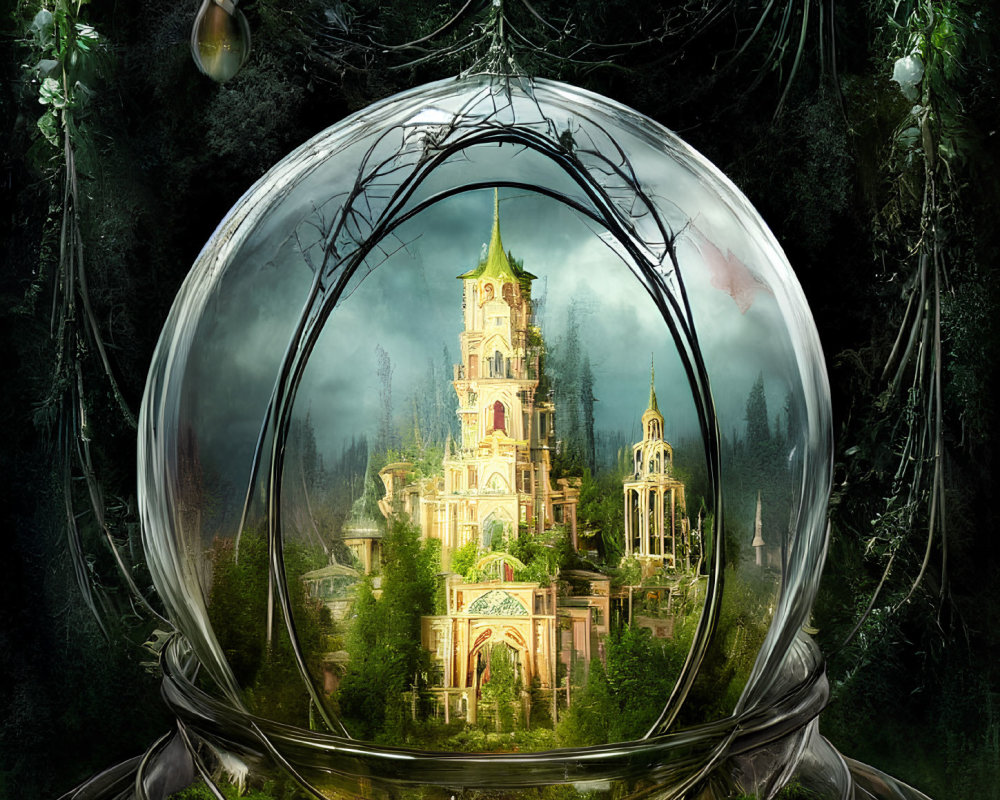 Fantastical artwork of ornate tower in transparent sphere amidst eerie forest