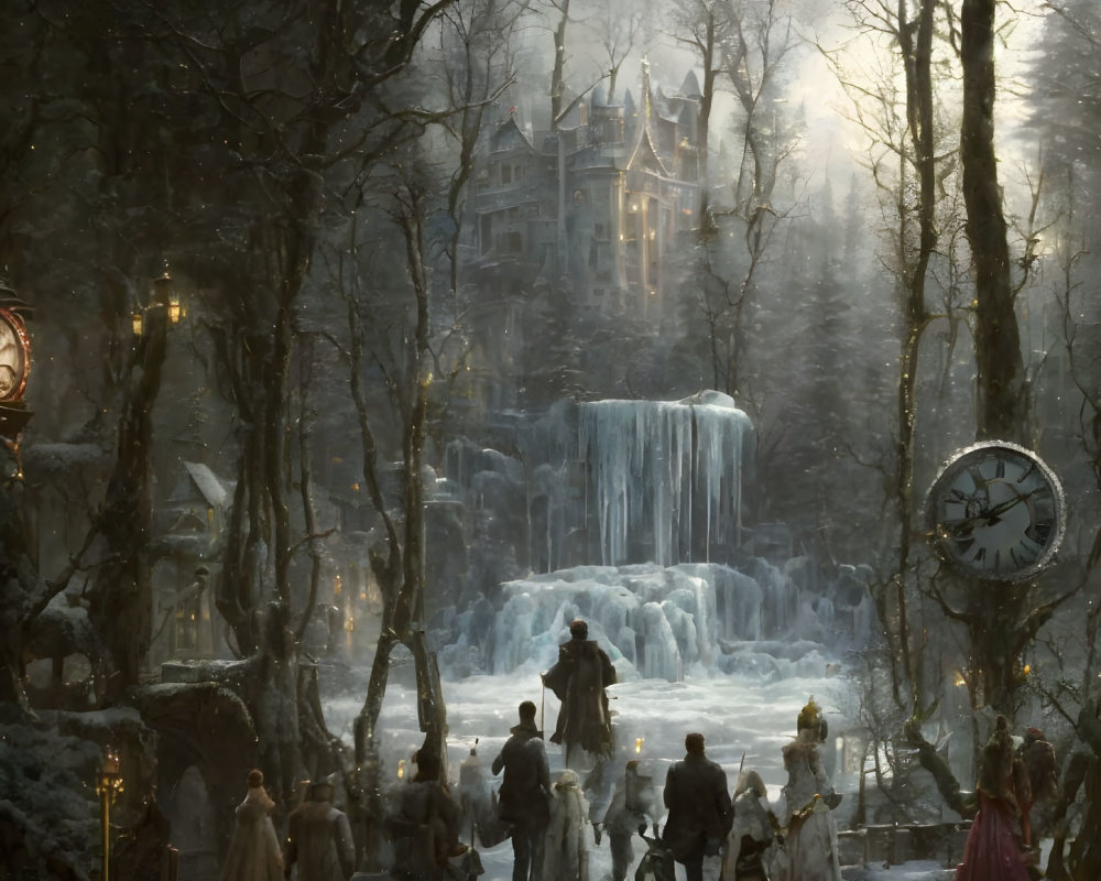 Victorian-era people walking to ice-covered castle in snow-laden forest