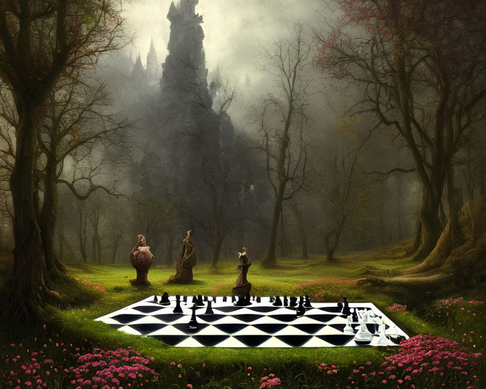 Mystical forest scene with giant chessboard, human chess pieces, pink flowers, and castle in