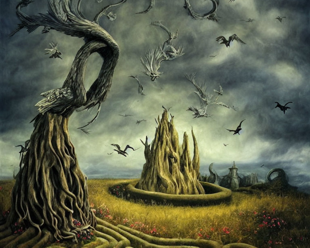 Surrealist landscape with twisted tree, labyrinth grass, birds, and cloudy skies