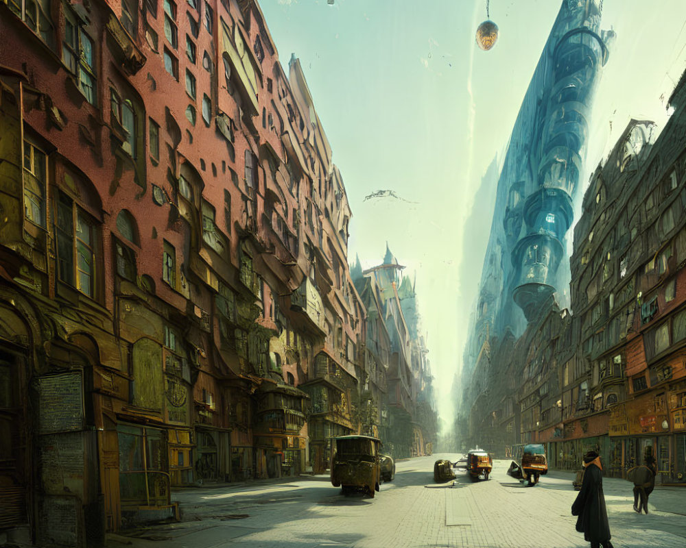 Contrasting architectures in futuristic cityscape with flying vehicles and pedestrian.