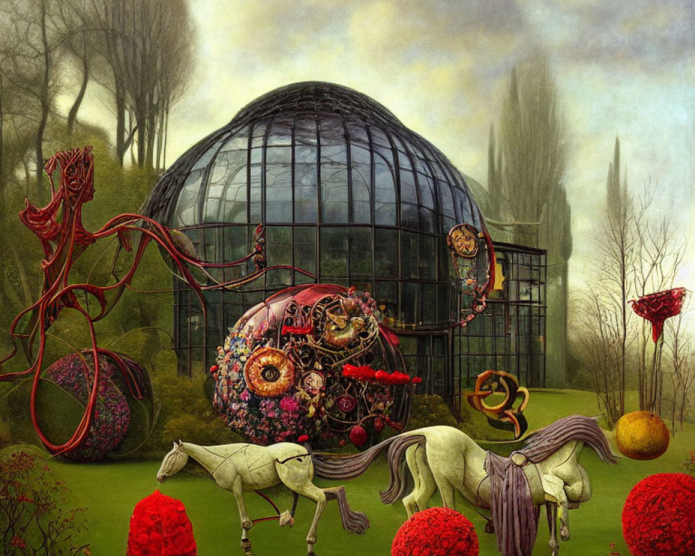 Surreal landscape featuring horses, biological carriage, glass dome, oversized flowers, and misty backdrop