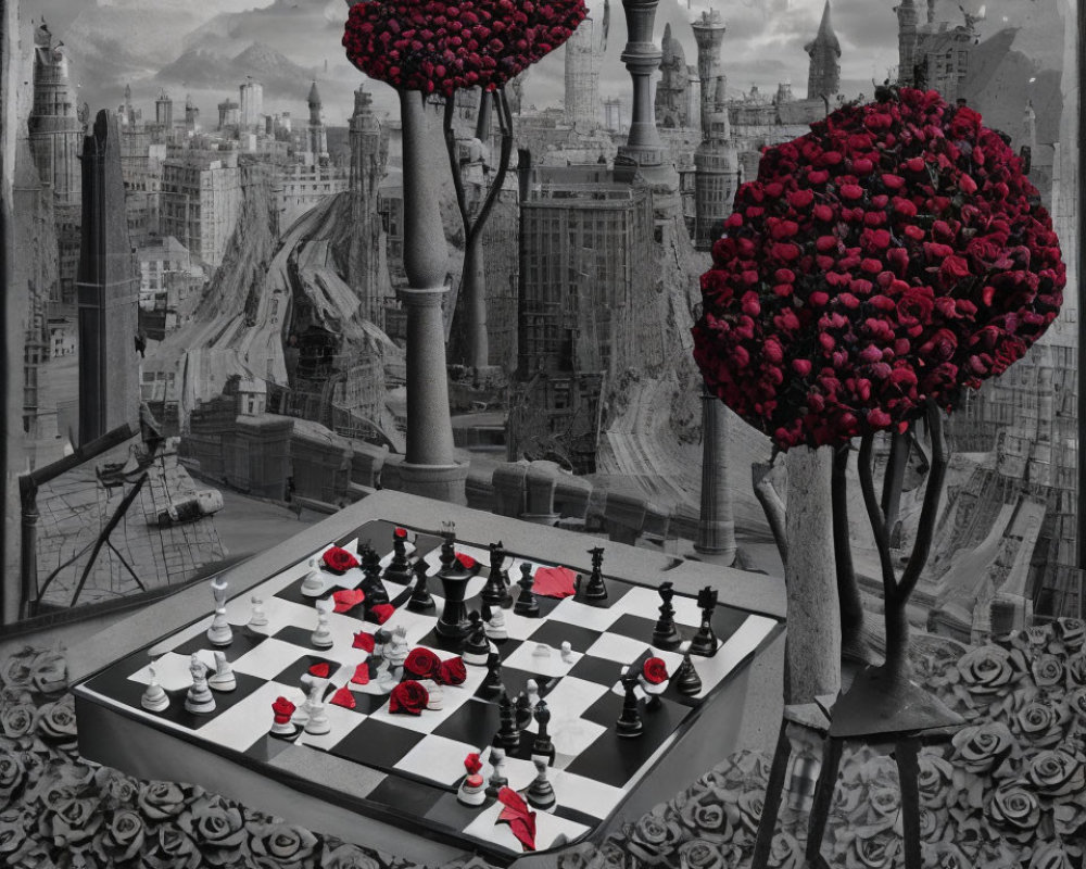 Monochromatic cityscape with chessboard, red roses, pillars, and chess pieces