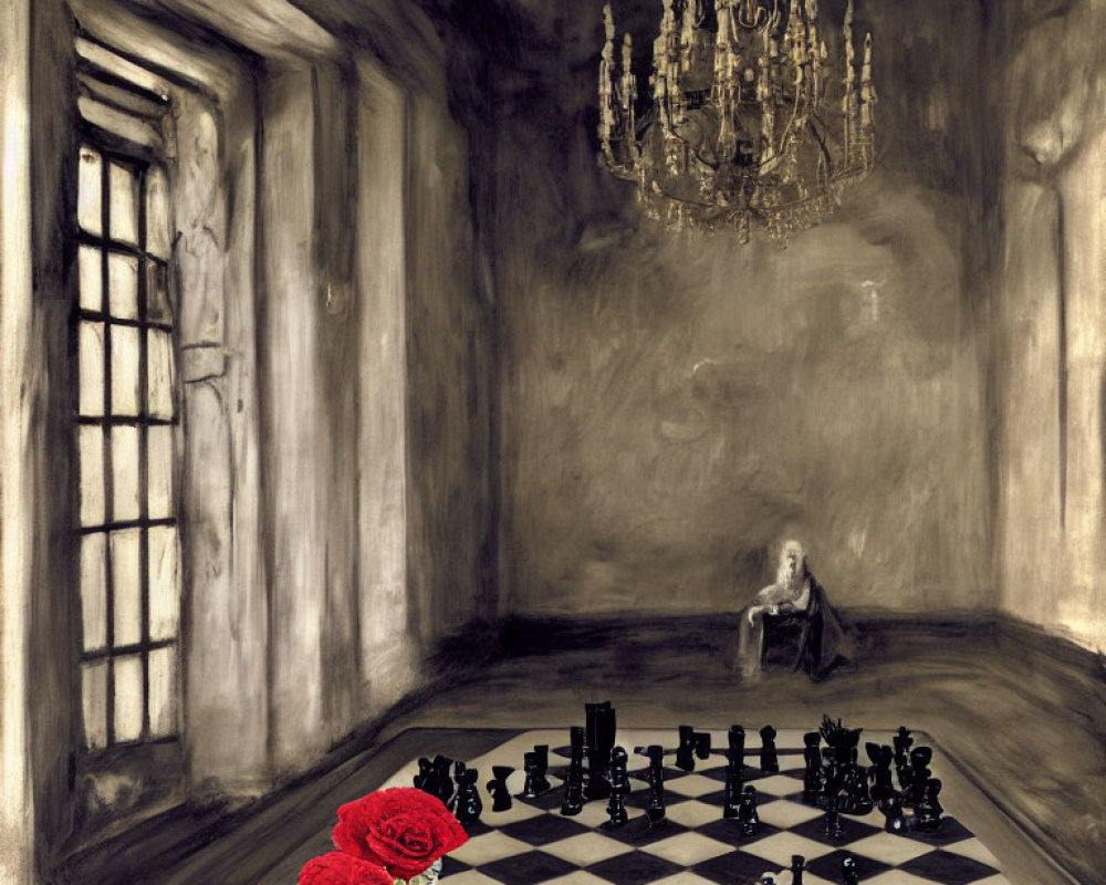 Dimly lit room with baroque influences and chessboard with red roses