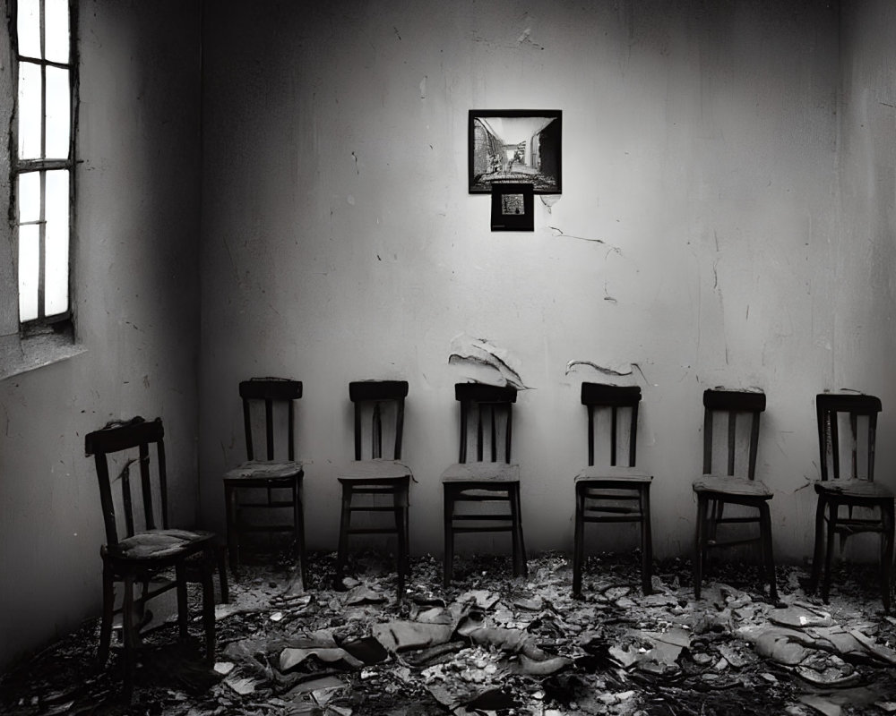 Monochrome photo of old wooden chairs in disarray