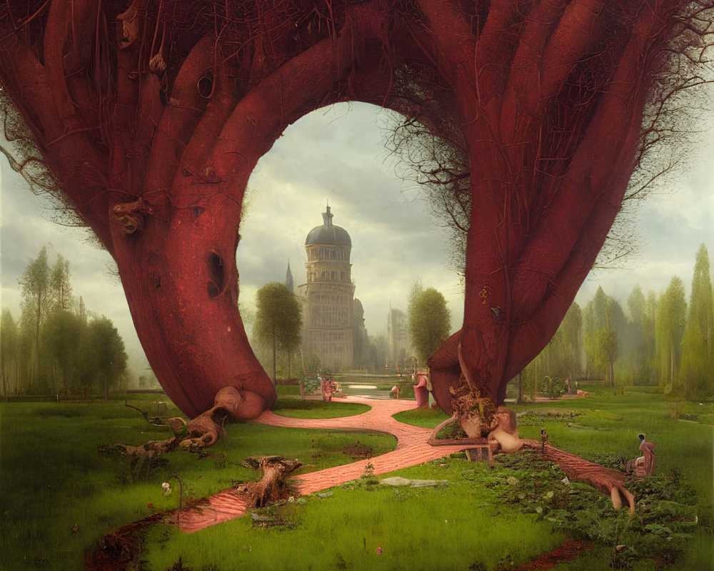 Majestic tower and ancient tree in surreal landscape