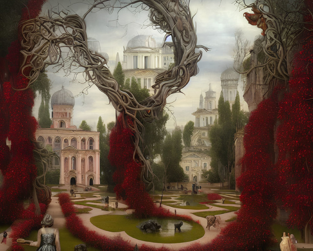 Surreal garden with lush greenery, red vines, classical buildings, statues, and people in