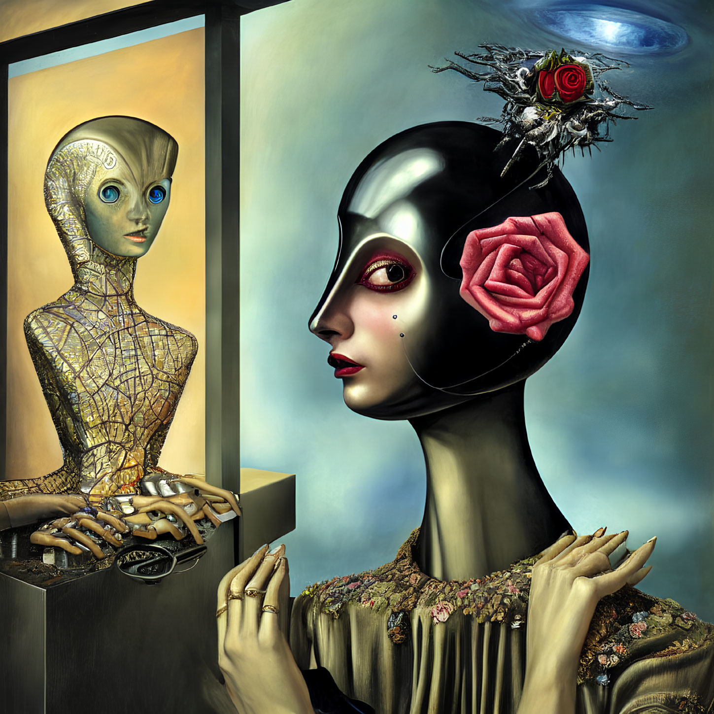 Surreal artwork featuring humanoid figures with cracked golden and smooth black surfaces, adorned with roses, under