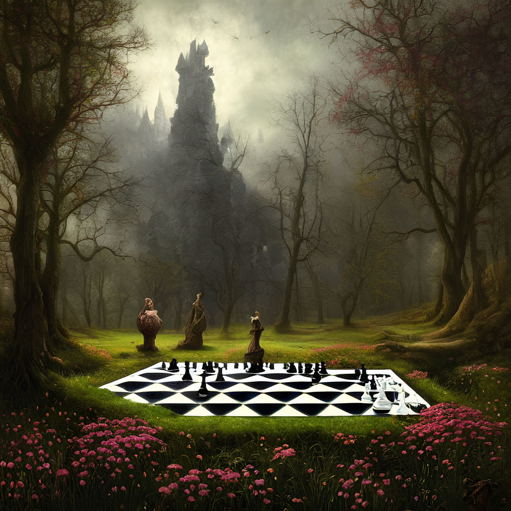 Mystical forest scene with giant chessboard, human chess pieces, pink flowers, and castle in