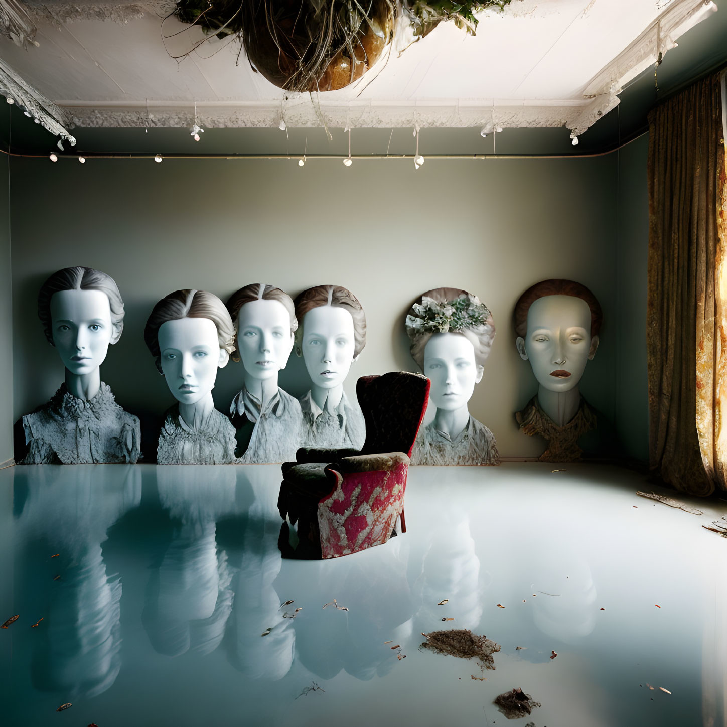 Surreal room with reflective floor, mannequin heads, decapitated head, and hanging