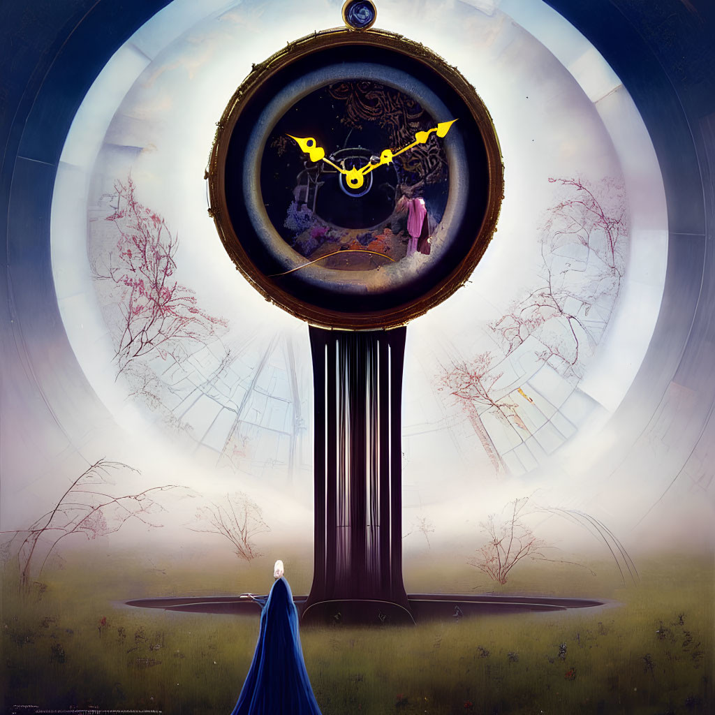 Person in blue cloak by ornate clock in surreal landscape