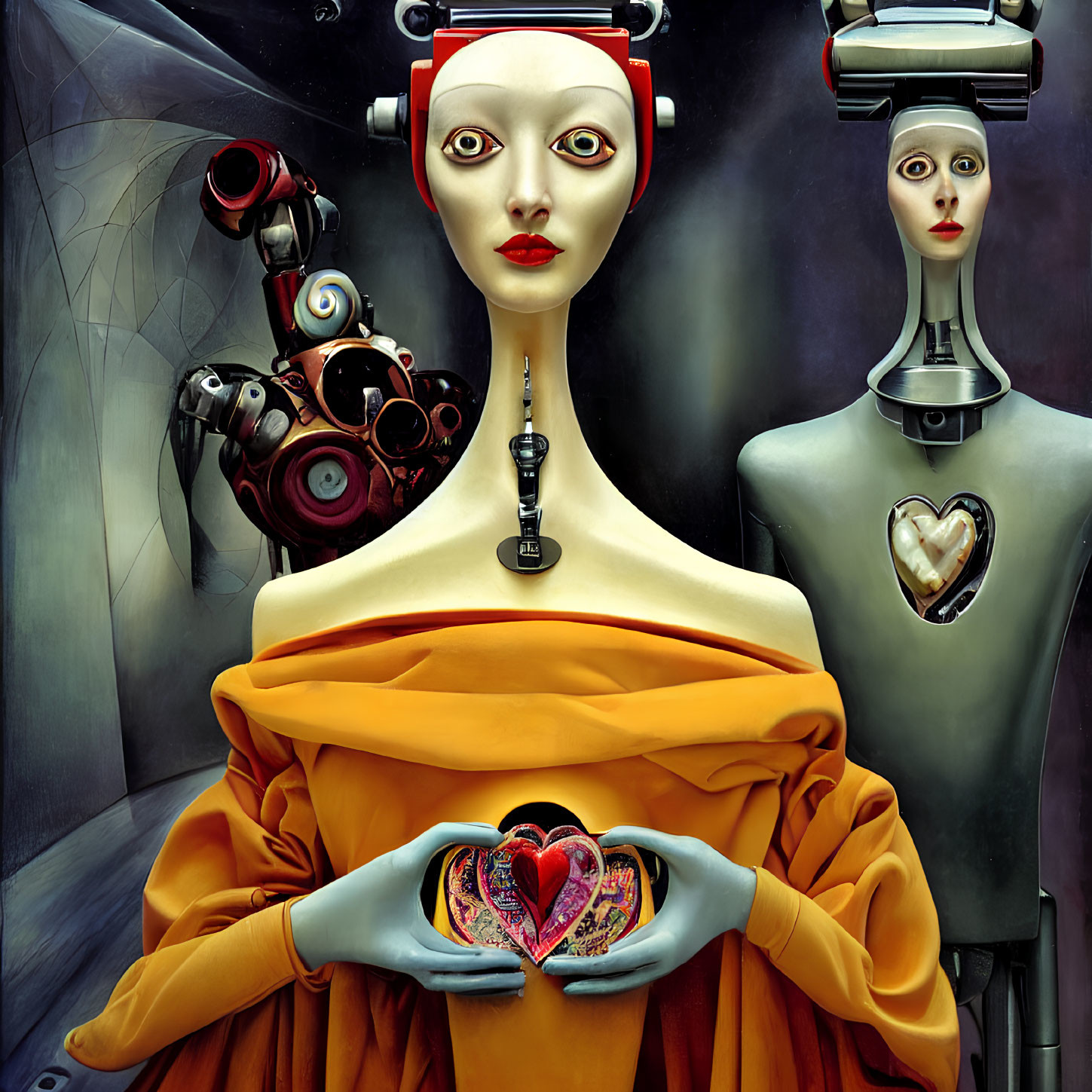 Surreal Artwork: Two humanoid figures with stylized features and a mechanical heart in abstract setting