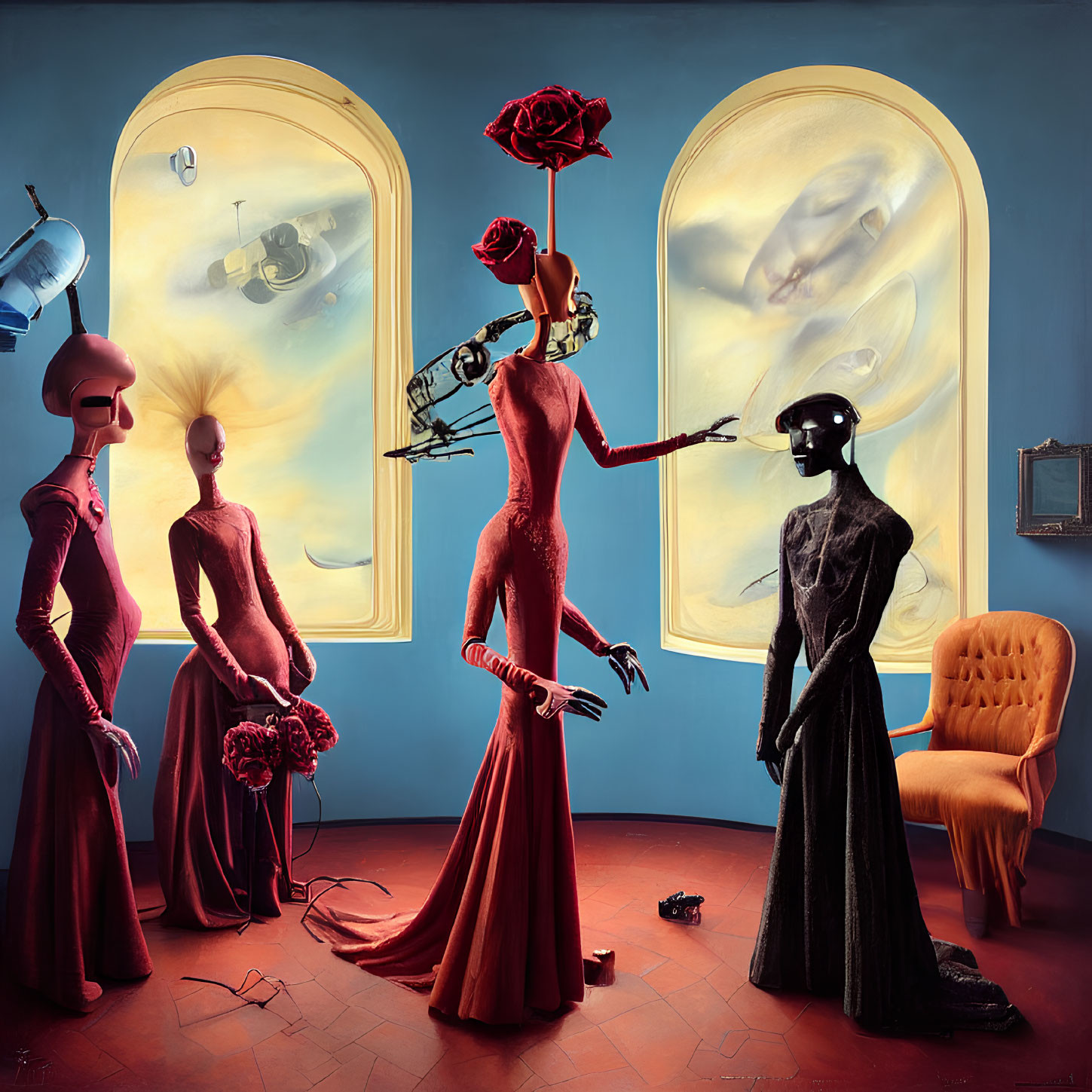 Surreal room with mannequins in elegant dresses and unique features near abstract window shapes.