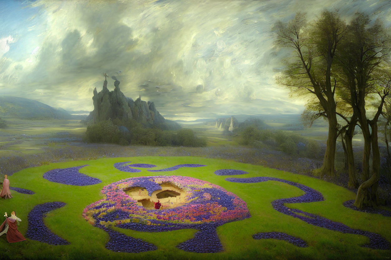 Vibrant floral patterns in fantastical landscape with woman reading, castle, and swirling sky