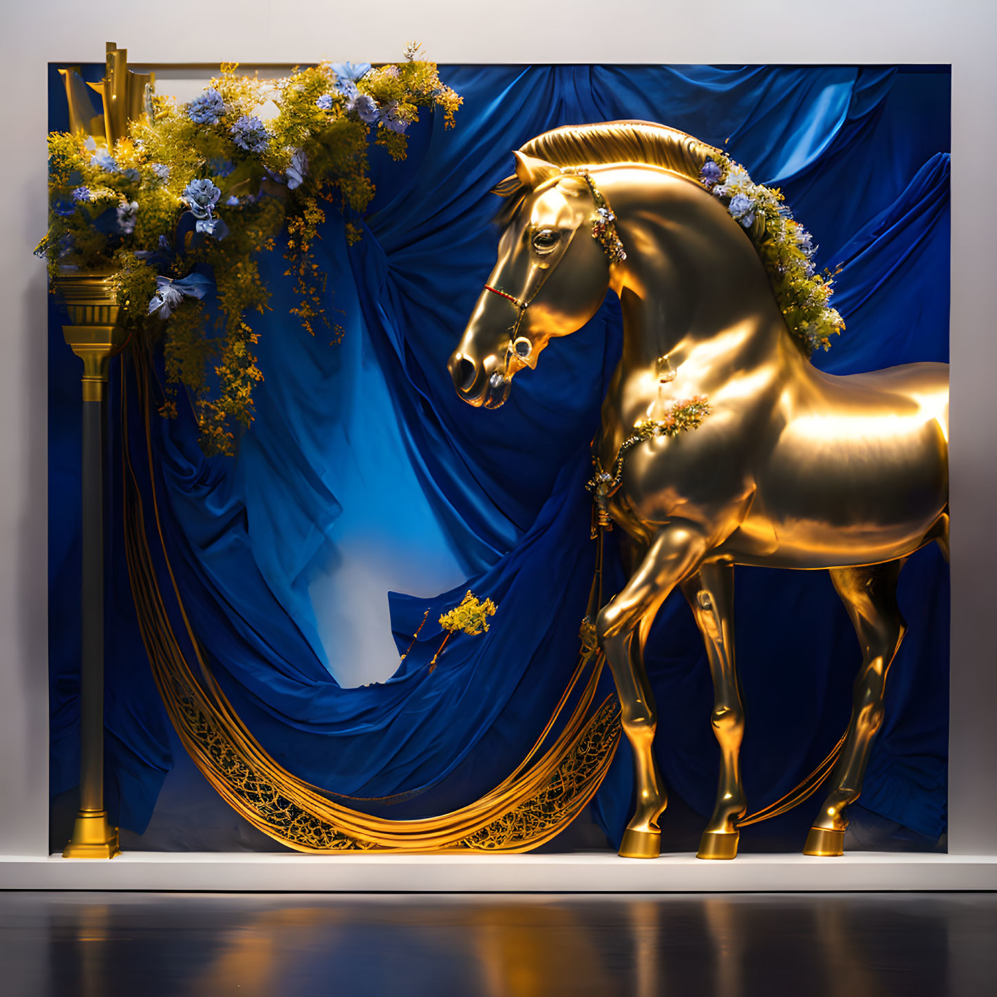 Golden Horse Statue with Floral Garland on Blue Draped Backdrop