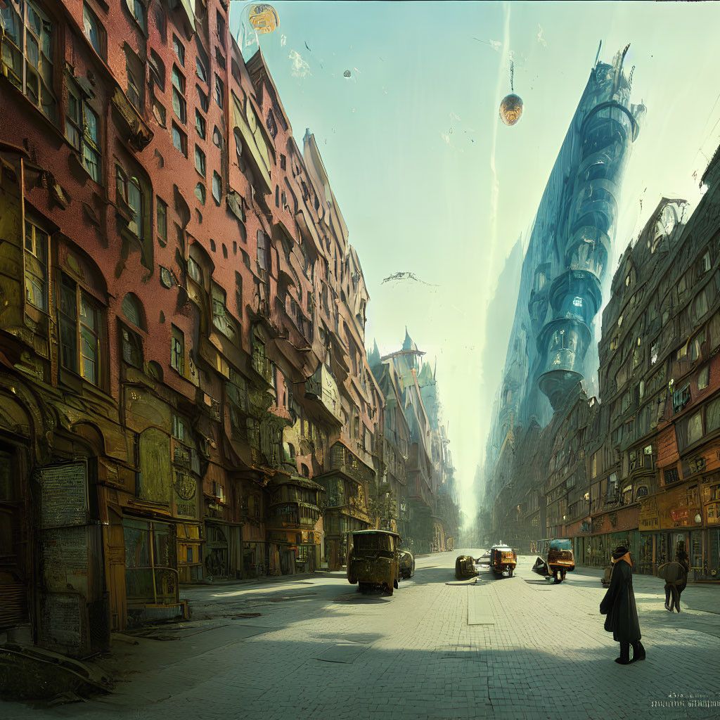 Contrasting architectures in futuristic cityscape with flying vehicles and pedestrian.