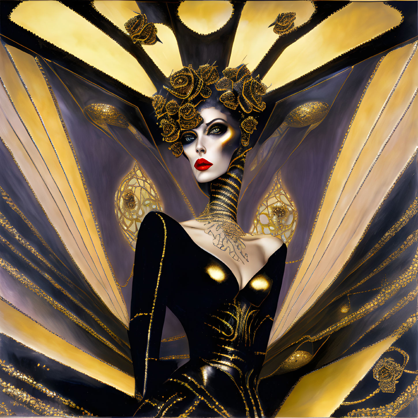 Majestic figure with golden headdress and stylish outfit on art deco backdrop