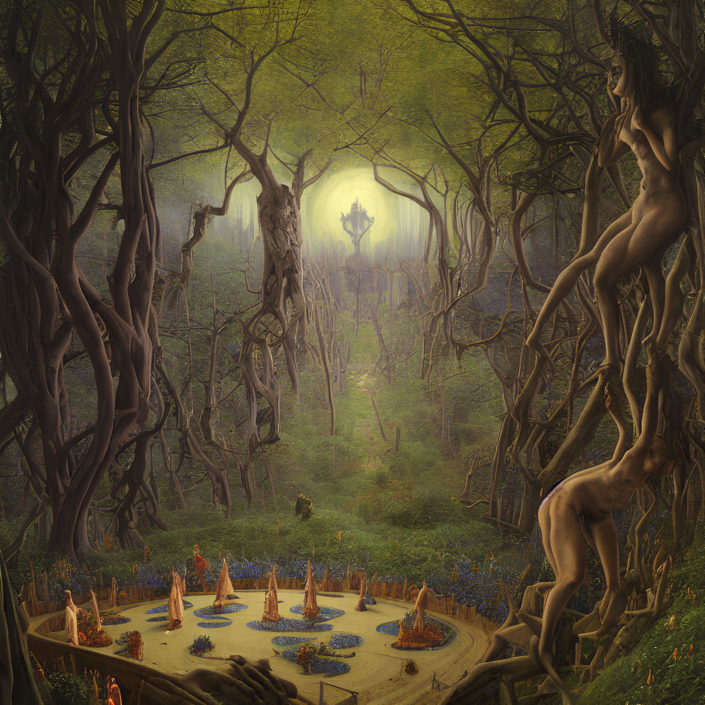 Mystical forest gathering around central fire among ancient trees