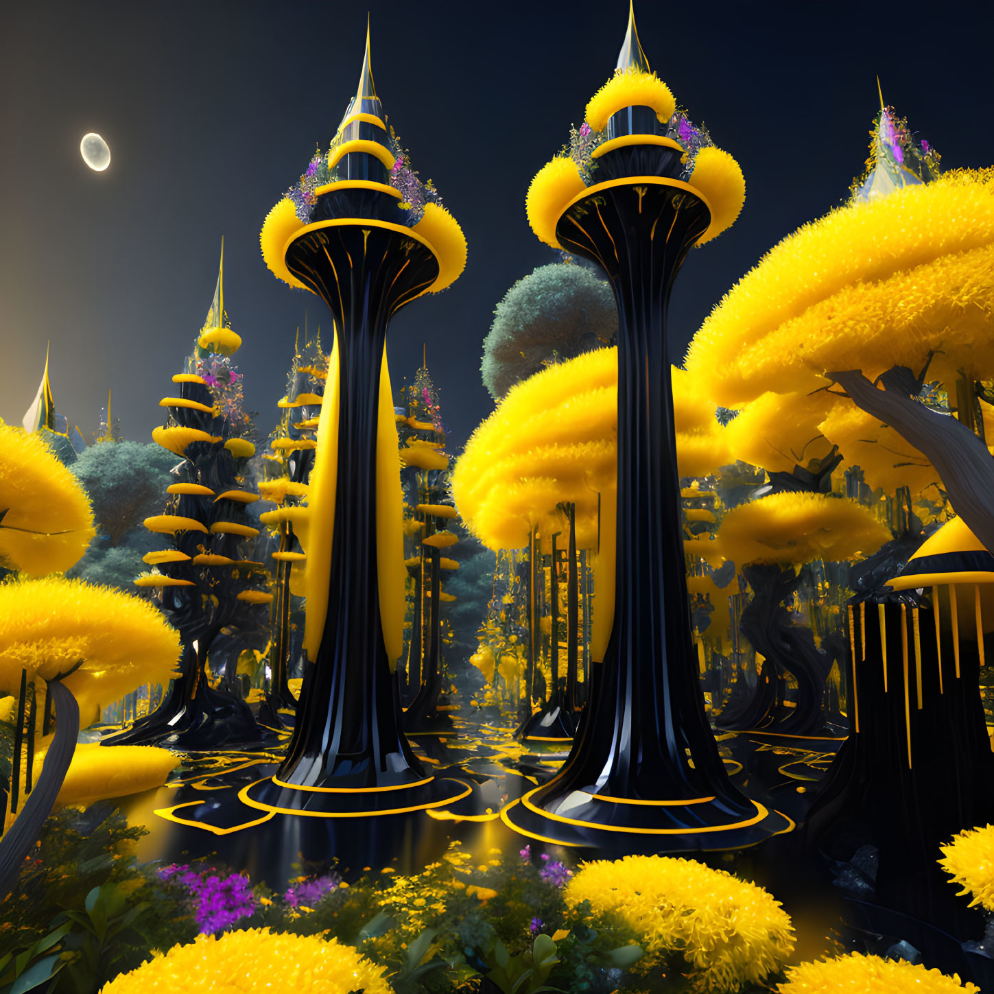 Surreal futuristic landscape with luminescent towers and crescent moon