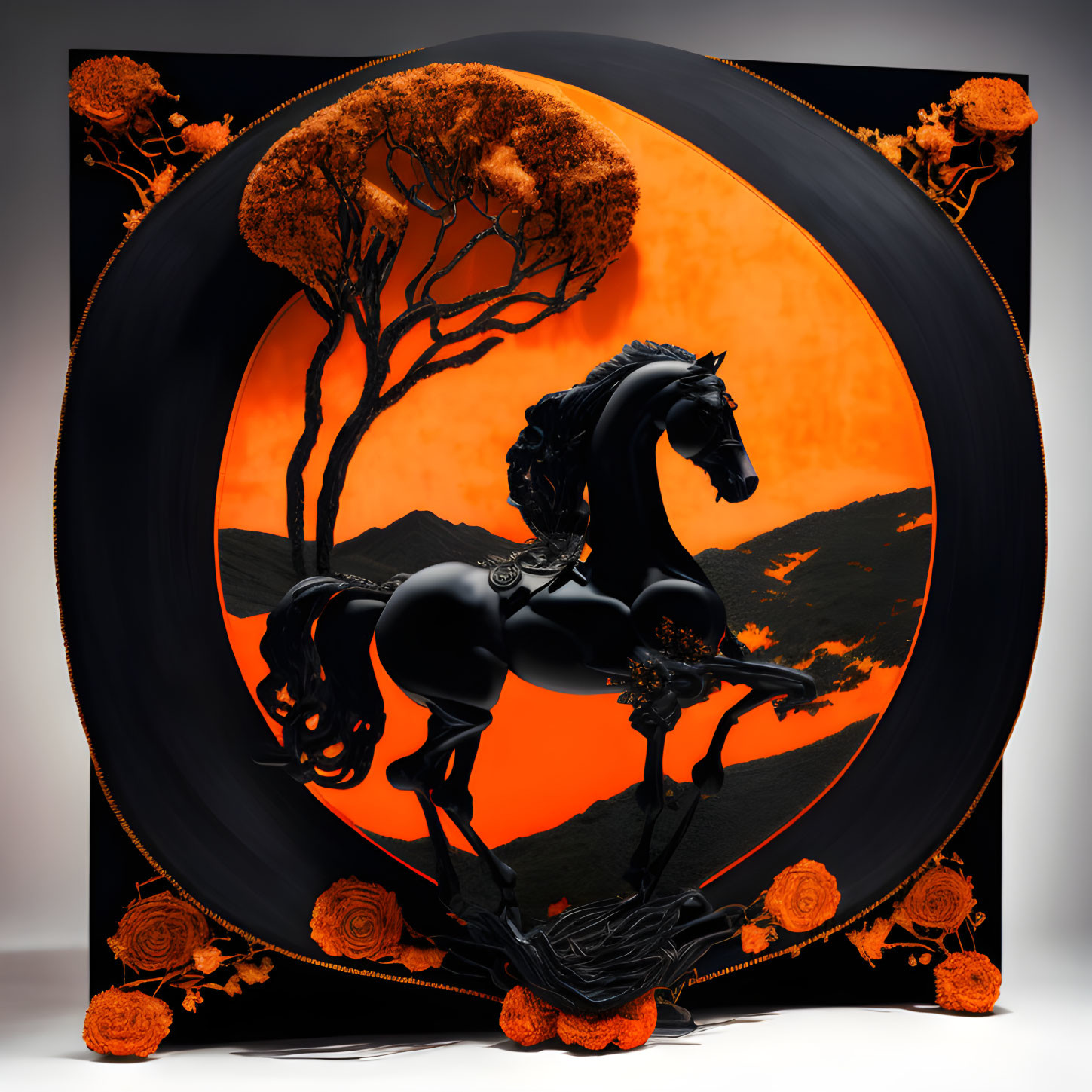 Black horse with intricate designs on orange background with tree silhouette.