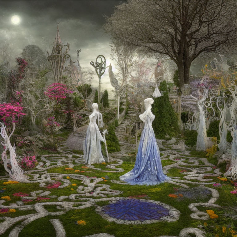 Whimsical garden with ethereal figures and vibrant floral patterns