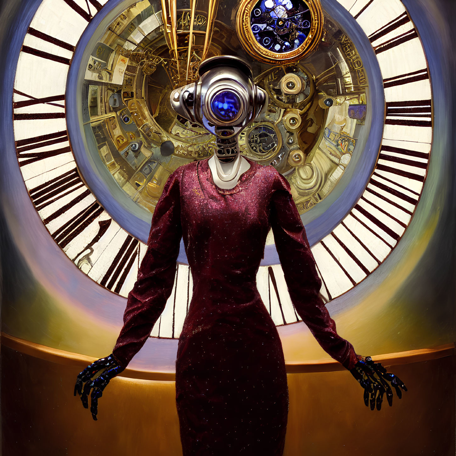 Camera-Headed Figure in Burgundy Dress with Clockwork Background