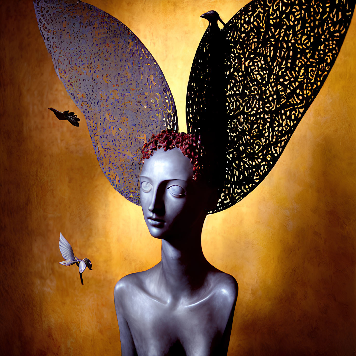 Person with Large Leaf-Like Wings in Serene Pose with Birds