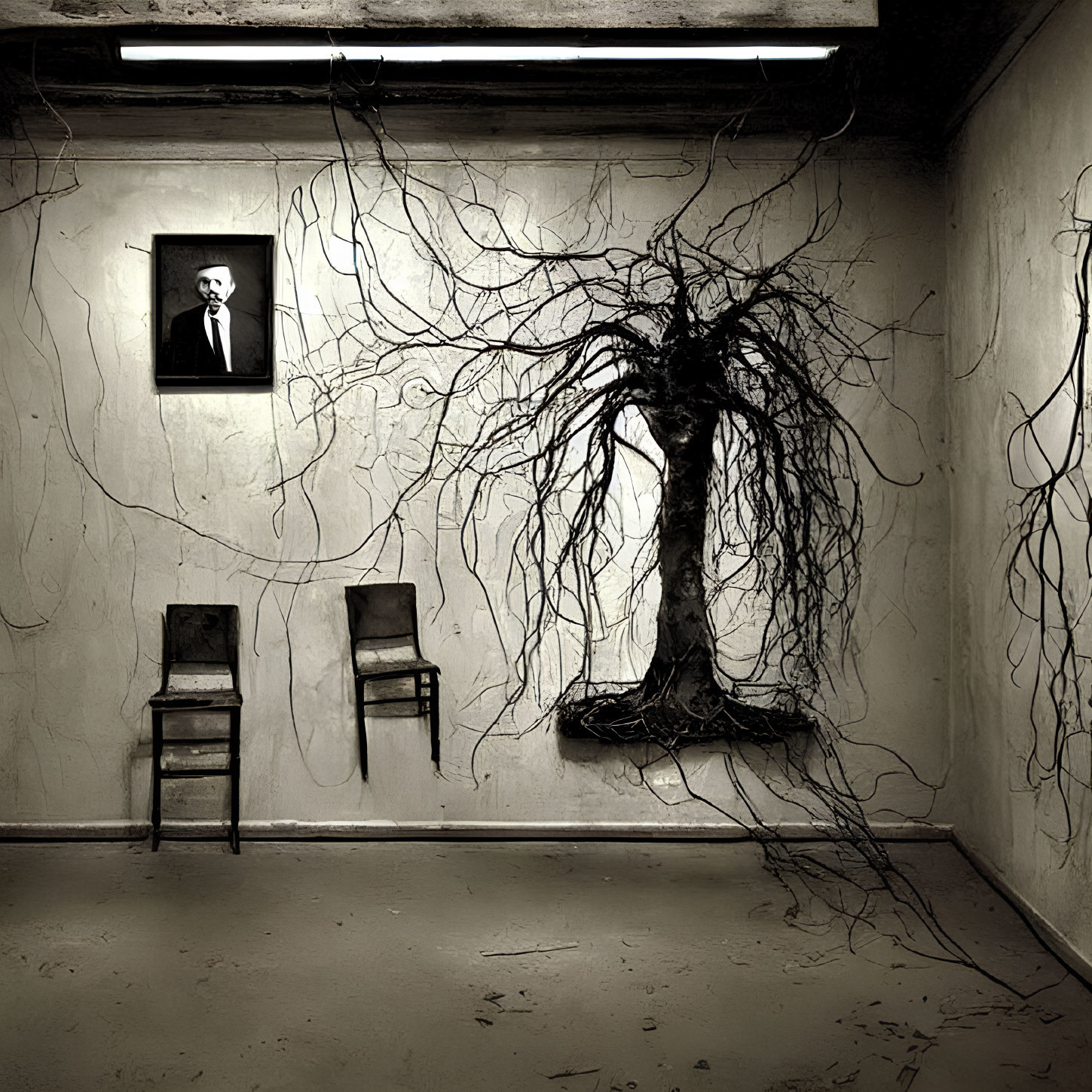 Dimly lit room with root-like patterns, chairs, column, and framed portrait