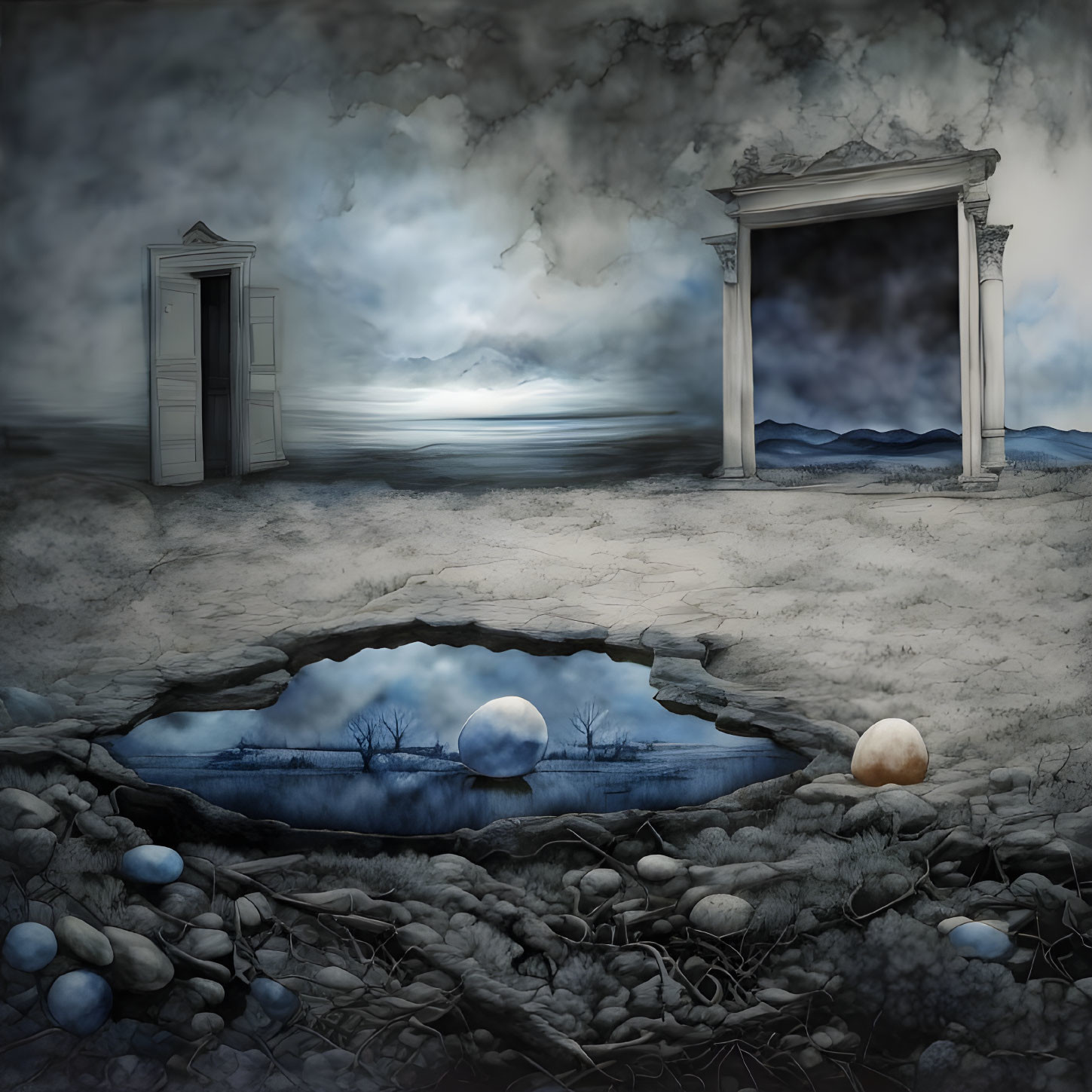 Surreal landscape with cracked ground, open door, arch, stormy sky, water body,