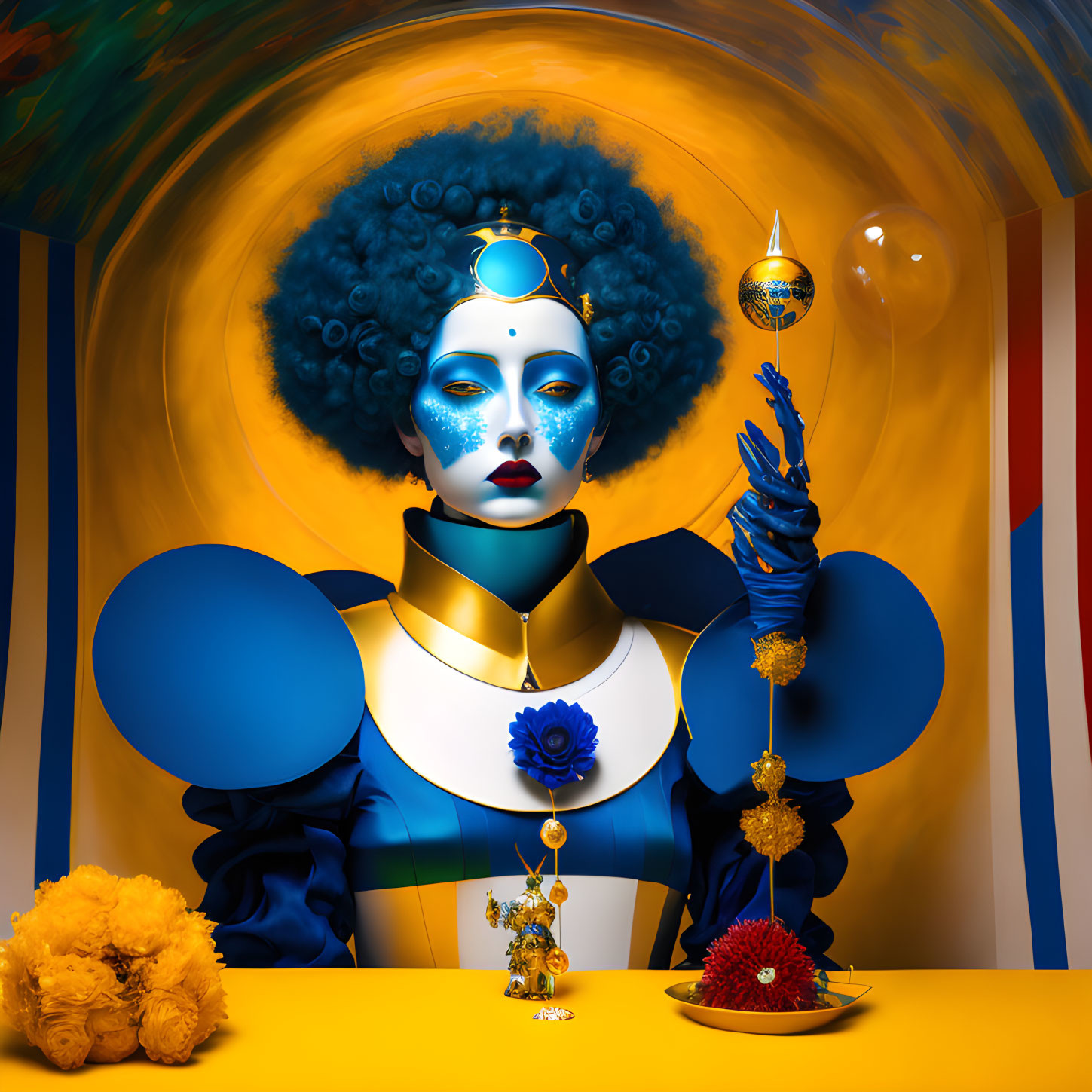 Futuristic blue-skinned persona with golden headgear in vibrant setting