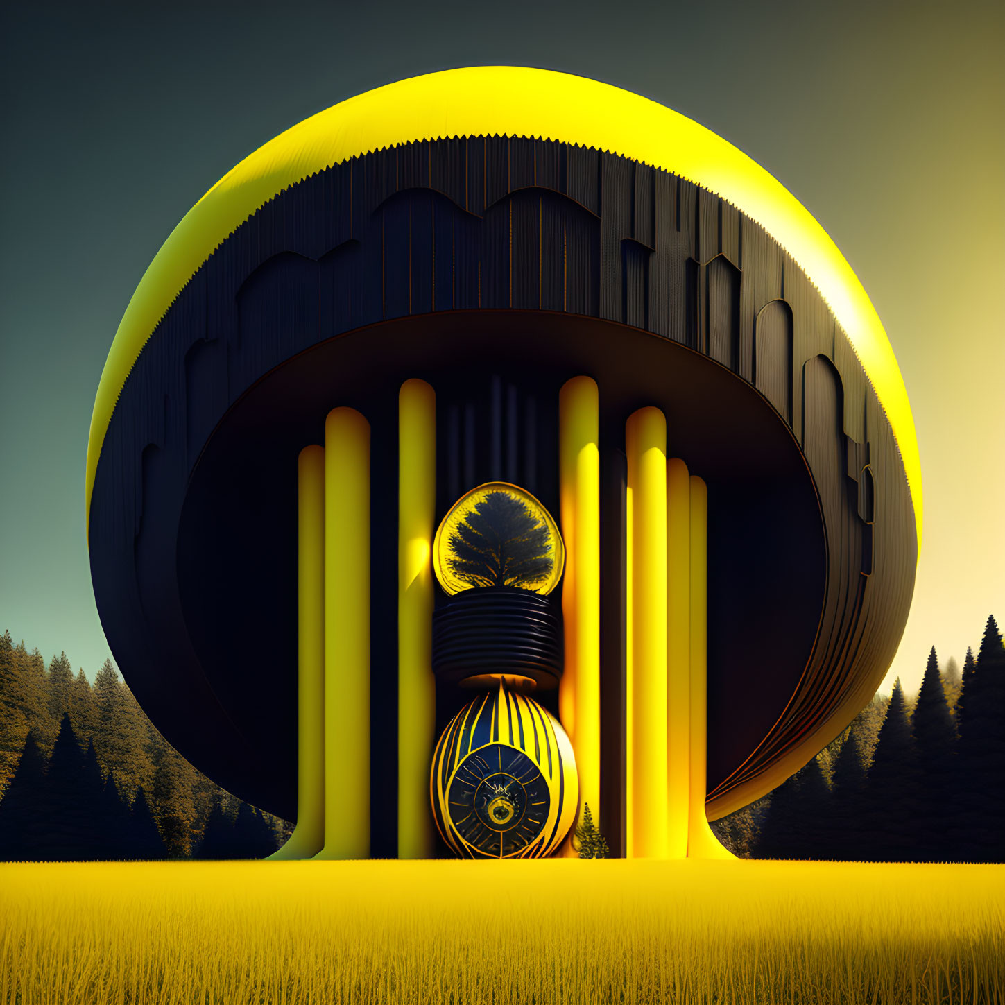 Circular futuristic building with yellow columns and black bulb entrance in forest setting