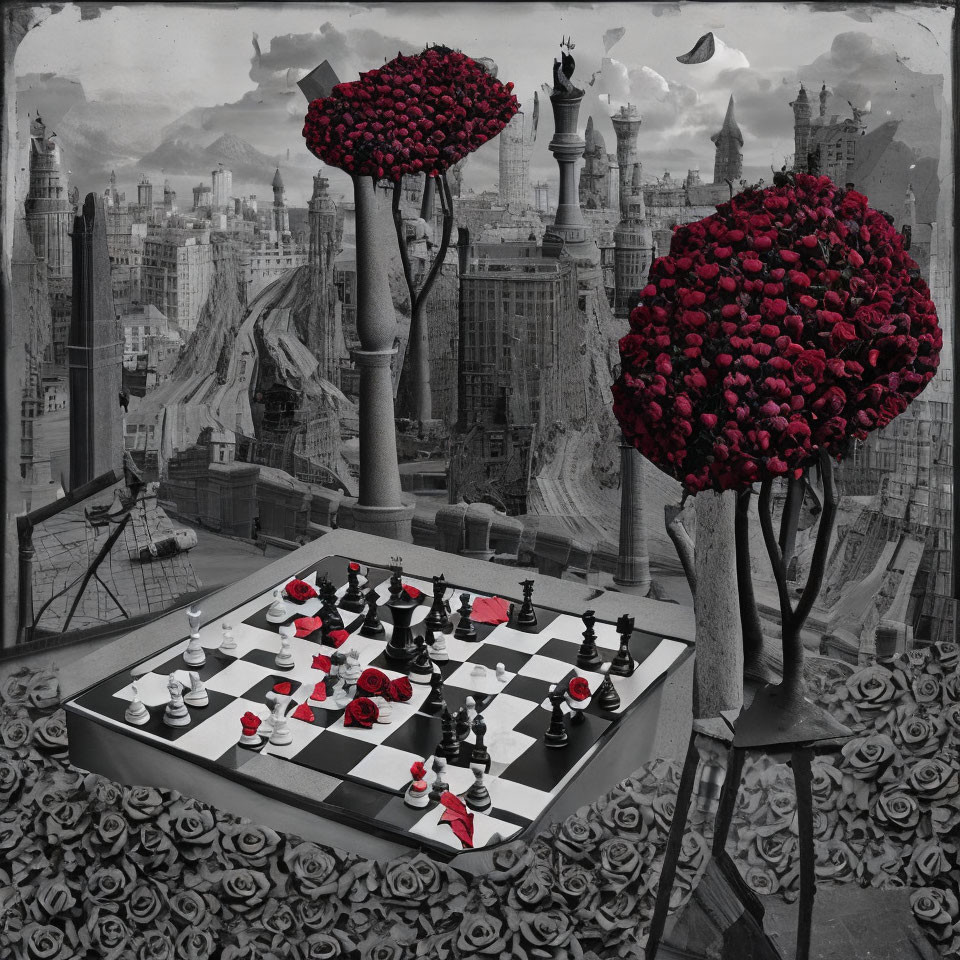 Monochromatic cityscape with chessboard, red roses, pillars, and chess pieces